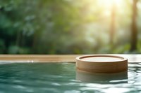 Wooden tray floating on calm turquoise pool water surface with sunlight and green nature background, creating zen spa atmosphere for wellness and relaxation.