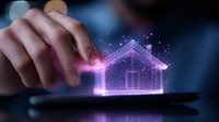 Futuristic holographic house projection above digital tablet with glowing purple light effects and human hand touching virtual reality interface.