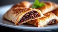 Flaky golden pastries filled with rich chocolate and nuts on white plate. Fresh baked croissants with sweet filling for breakfast, dessert menu, bakery display.