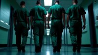 Medical team of four healthcare workers in scrubs walking down green hospital corridor, dramatic lighting creates professional atmosphere in clinical setting.