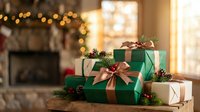 Festive Christmas gift boxes with bronze ribbons arranged on wooden table near fireplace with warm bokeh lights creating cozy holiday atmosphere for seasonal celebrations.