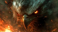 Fierce mythical phoenix bird with glowing orange eye emerging from darkness amid flying sparks and embers, dramatic fantasy art style for gaming and book covers.