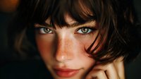Close-up portrait of young woman with freckles, blue eyes, and short dark hair against dark background, showcasing natural beauty and contemplative expression.