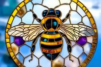 Decorative stained glass artwork featuring detailed honey bee with spread wings against honeycomb pattern background in vibrant yellow, blue and purple colors.