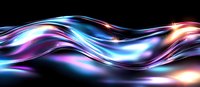 Glowing abstract waves with vibrant blue, purple, and orange light streaks flowing smoothly against black background, creating dynamic energy motion effect.