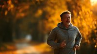 Young African American man jogging in autumn park with golden foliage background during sunset. Outdoor fitness activity in fall season.