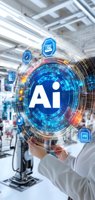 Futuristic AI interface with digital hologram displaying technology icons in manufacturing facility, held by person in lab coat.