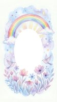 Watercolor rainbow frame with flowers, birds and stars creating oval border on white background for baby shower invitations and nursery decor.