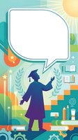 Silhouette of female graduate in academic cap and gown with empty speech bubble for text, surrounded by educational icons, books, and colorful geometric design elements for learning concepts.