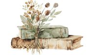 Watercolor vintage books stack with dried autumn flowers bouquet, antique literature collection for cozy reading corner decor and educational design.