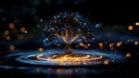 Magical glowing tree on water surface with ripples and light particles, mystical blue and gold illumination creating ethereal atmosphere in dark setting.