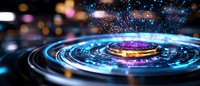 Futuristic circular portal with glowing blue and purple energy rings emitting particles against dark background with bokeh lights creates sci-fi atmosphere.