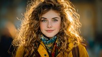 Young woman with curly blonde hair wearing yellow coat and colorful scarf smiling outdoors in warm golden light for lifestyle and fashion content.