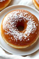 Fresh baked donut with caramel glaze and powdered sugar sprinkled on top, served on white plate. Close up macro food photography with soft natural lighting.