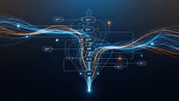 Digital funnel visualization with glowing data streams and analytics interface elements for business intelligence and conversion optimization concepts.