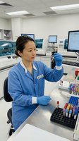 Female laboratory technician of East Asian descent examining a blood sample vial in a modern clinical laboratory setting, wearing protective blue lab coat and gloves while working with medical equipment and analyzers.