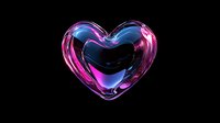 Glowing heart shape with vibrant pink and blue neon light effects against black background, creating luminous flowing energy streams and glossy glass-like surface.