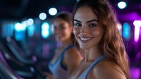Young athletic woman smiling at camera during night workout in modern gym with neon lighting and bokeh effects in background, wearing sports bra.
