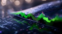 Green financial chart with glowing candlesticks and line graph on dark background with bokeh lights, showing market data analysis and trading statistics.