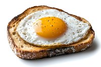 Sunny side up fried egg on toasted sourdough bread slice seasoned with black pepper, close up view on white background, fresh breakfast food photography.