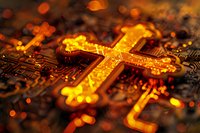 Glowing golden cross on circuit board with orange bokeh lights creates spiritual and technological fusion, symbolizing digital faith and modern religion.