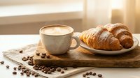 Fresh croissants and coffee cup on wooden board with scattered beans in warm morning sunlight creating cozy breakfast atmosphere for cafe menu design.