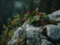 Wild red berries growing on rocky cliff with green leaves and moss, moody dark forest atmosphere in background, natural botanical composition.