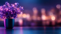 Purple wildflowers in black pot against blurred city lights background creating dreamy bokeh effect with neon purple and blue color palette.