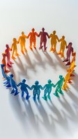 Colorful paper cutout figures holding hands in circle formation casting dramatic shadows on white surface, representing unity, diversity and community connection.