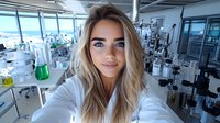 Young female scientist taking selfie in modern research laboratory with equipment and glassware. Blonde woman in white coat smiling at camera, research facility background.