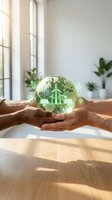 Hands holding glowing globe with green energy icons including wind turbines, solar panels, and leaf symbols in bright office with plants and natural light.