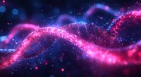Glowing pink and blue particle wave with sparkling light effects against dark background, flowing energy stream with bokeh and luminous dots creates magical atmosphere.