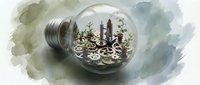 Steampunk lightbulb with vintage gears and mechanical parts inside glass sphere on watercolor background for creative design projects.