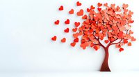 Red tree with heart-shaped leaves on white background, isolated design element for love, romance, and Valentine's Day projects, greeting cards, and wedding themes.