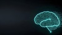 Digital brain made of glowing cyan circuits and neural networks on dark background representing artificial intelligence and machine learning technology.