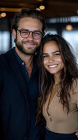 Happy young couple embracing and smiling in modern restaurant setting with warm lighting for lifestyle and relationship content.