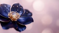 Delicate navy blue flower with golden center against soft pink bokeh background, featuring detailed petals with white polka dot pattern and dreamy atmosphere.
