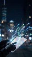 Hand holding transparent smartphone with glowing neon circuit pathways and digital connections emanating from screen against blurred city lights at night, representing technology innovation.
