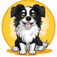 Cheerful Border Collie puppy cartoon character with black and white fur sitting against yellow circular background. Isolated design element for stickers and prints.