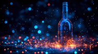 Glass wine bottle illuminated by glowing orange sparks and blue bokeh lights against dark background, creating magical atmospheric composition.