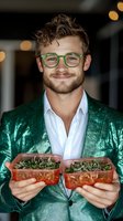 Young Caucasian man in green velvet blazer and glasses holding fresh microgreens containers, smiling warmly. Modern healthy food business concept with bokeh background.