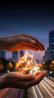 Protective hands cupping glowing geometric triangle with magical light effects against urban cityscape at twilight for business and technology concepts.