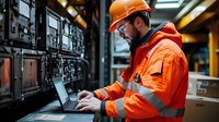 Industrial engineer in orange safety workwear and hard hat working on laptop in control room of manufacturing facility. Modern factory maintenance operations.