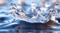 Water crown splash with crystal clear droplets frozen in time against smooth blue surface, capturing liquid dynamics and surface tension in macro photography.