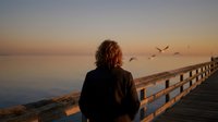 Woman with curly reddish-brown hair wearing dark jacket standing on wooden pier at sunset, gazing at ocean with birds flying overhead and calm water reflecting golden light.