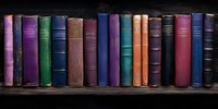 Row of vintage hardcover books with colorful spines arranged on dark wooden shelf, creating atmospheric library scene with classic literature volumes in varied hues.
