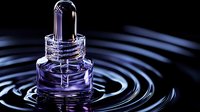 Dropper bottle creating ripples in purple liquid surface with dramatic lighting and reflections. Cosmetic and wellness concept for skincare and beauty products.