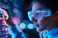 Young Asian woman wearing futuristic smart glasses with glowing digital display interface, surrounded by blue neon lights and bokeh effects in cyberpunk style setting.