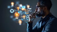 Young African American businessman in contemplative pose with glowing innovation icons, light bulbs, and technology symbols floating in dark background. Creative problem solving concept.