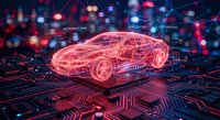 Futuristic red holographic car wireframe on circuit board with glowing connections representing automotive technology, AI systems and smart vehicle innovation.